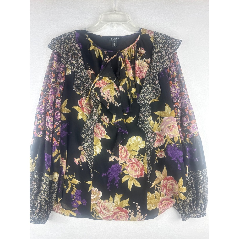Lauren Ralph Lauren Romantic Floral Patchwork Ruffle Blouse Black Women's M